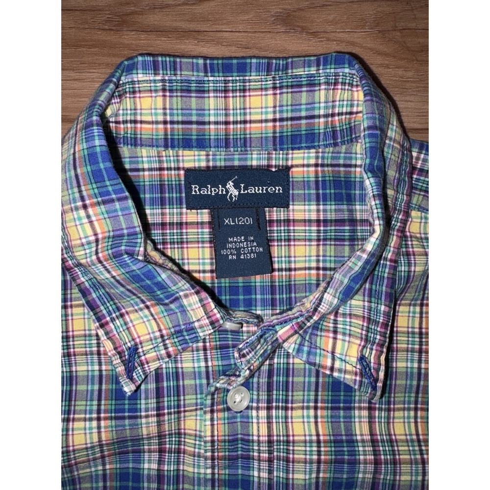 Polo Ralph Lauren Shirt Green Blue Plaid Short Sleeve Plaid Women's XL (20) - Picture 2 of 4